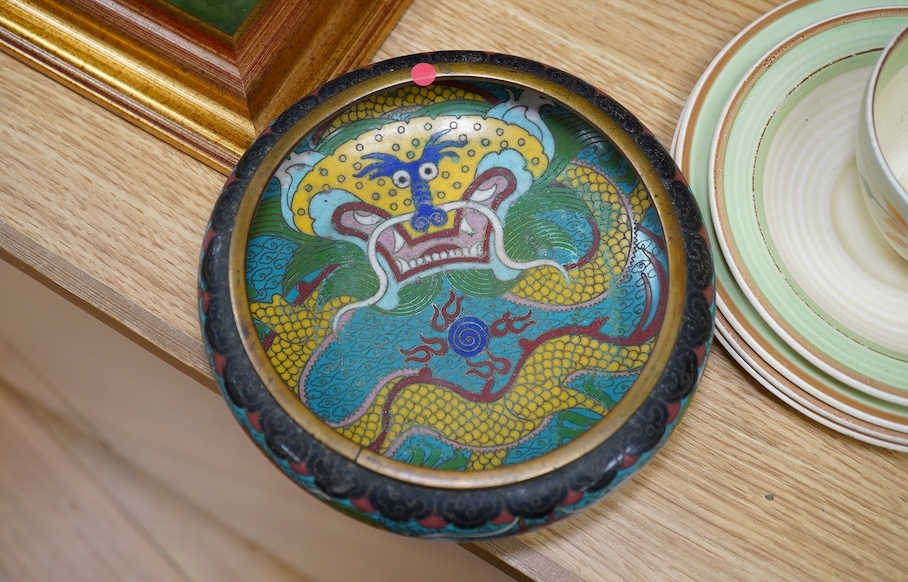 A pair of Chinese cloisonné enamel ‘dragon’ vases on stands and a similar bowl on stand, vases 28.5cm high including stands. Condition - good